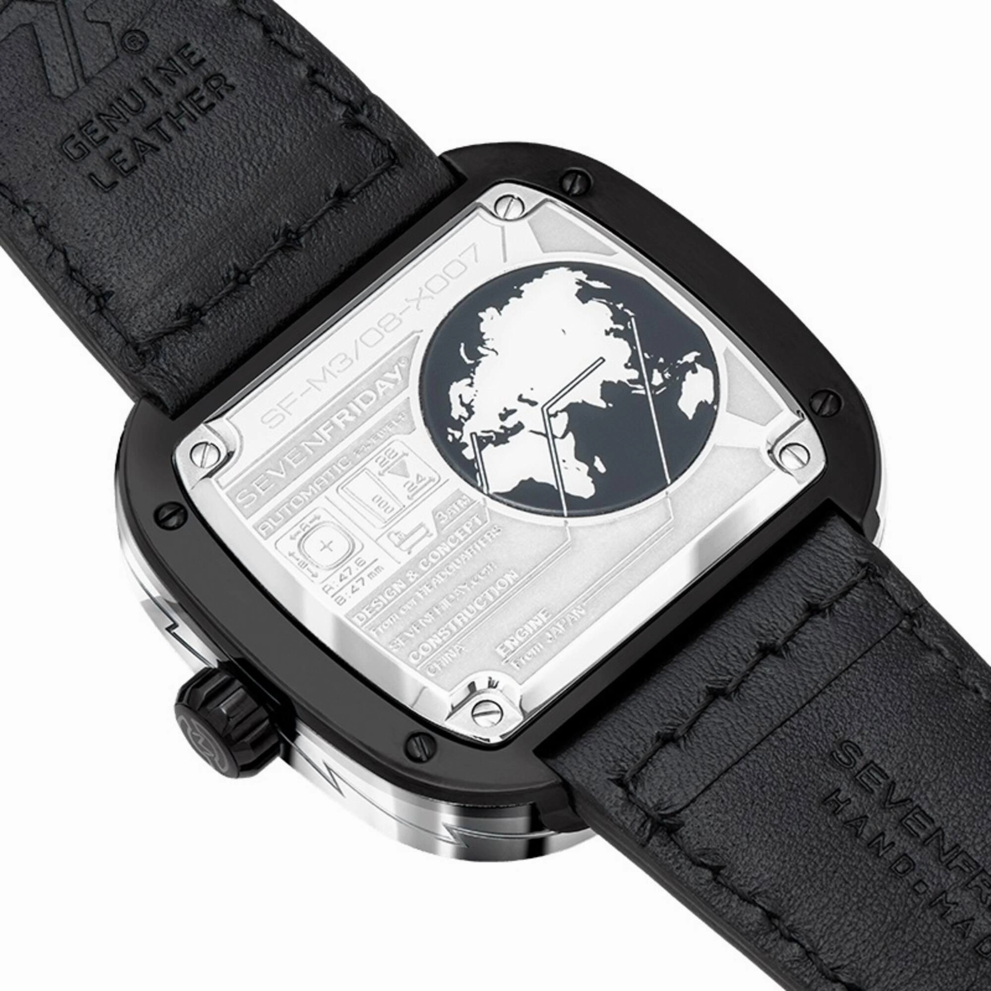 SevenFriday Men's Watch - M-Series Automatic Silver Tone Case Black Strap | M3-08