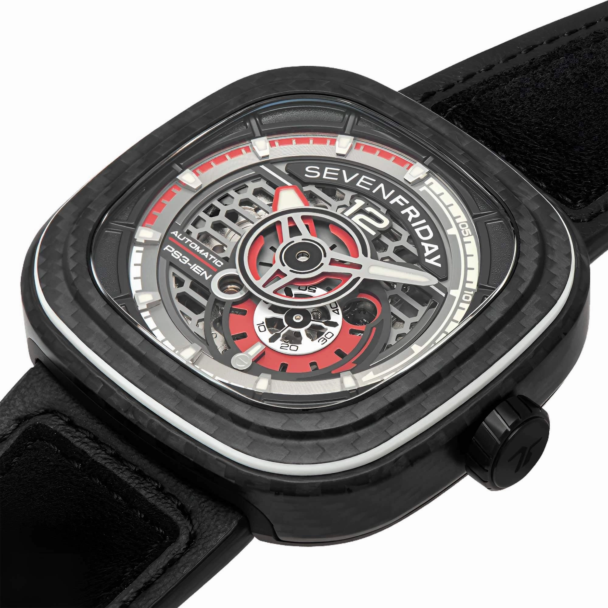 SevenFriday Men's Watch - P-Series Ruby Carbon Black Strap Power Reserve | PS3-02
