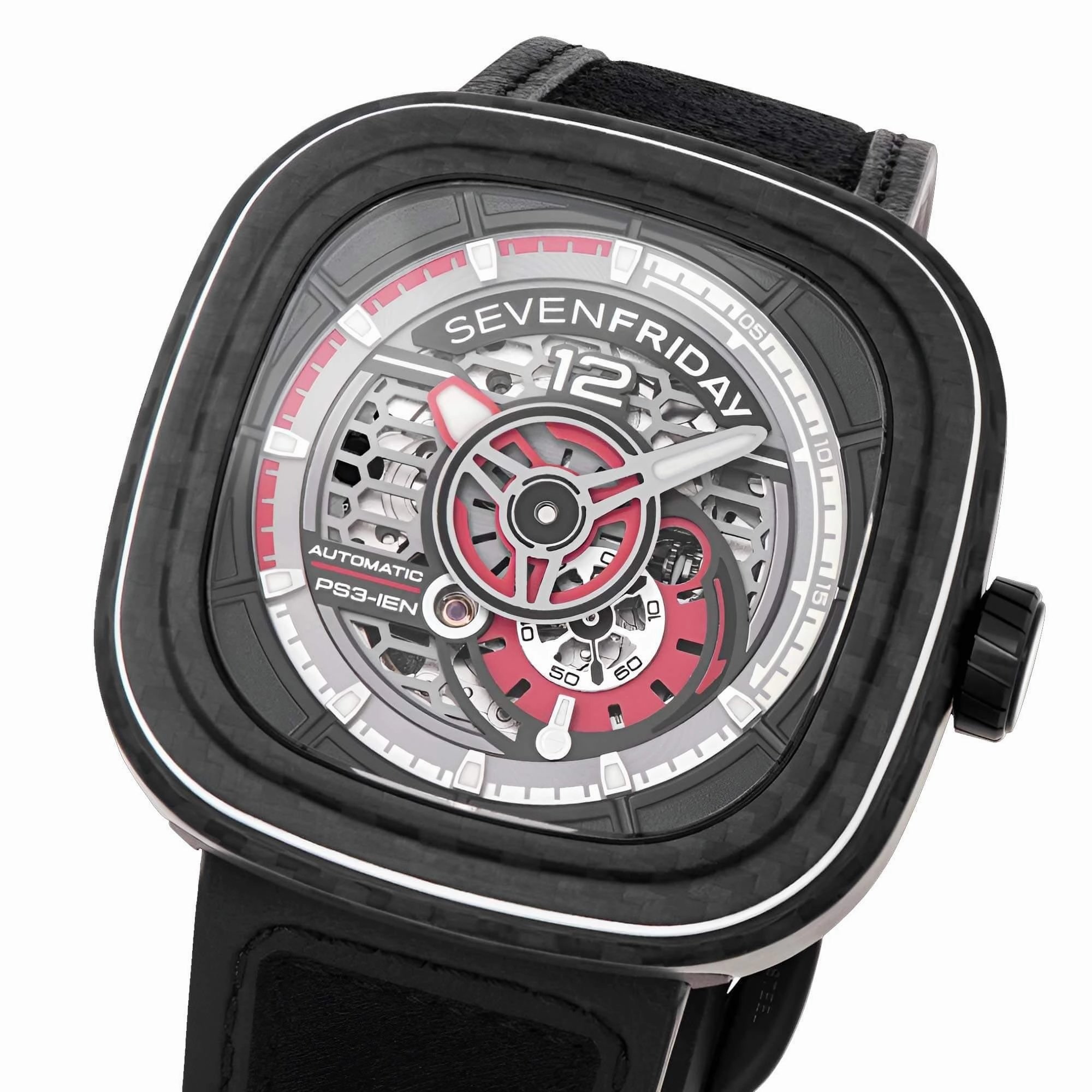 SevenFriday Men's Watch - P-Series Ruby Carbon Black Strap Power Reserve | PS3-02