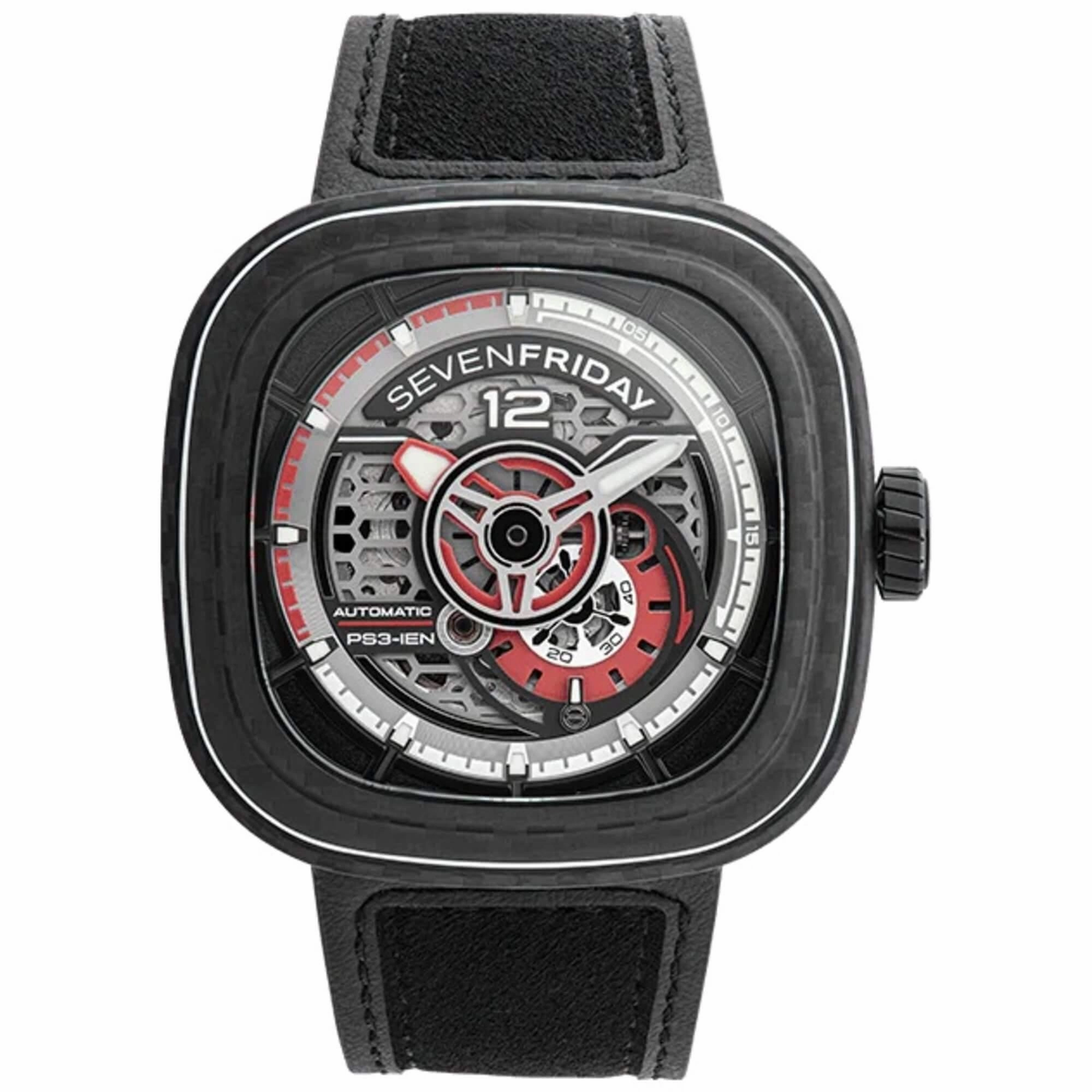 SevenFriday Men's Watch - P-Series Ruby Carbon Black Strap Power Reserve | PS3-02