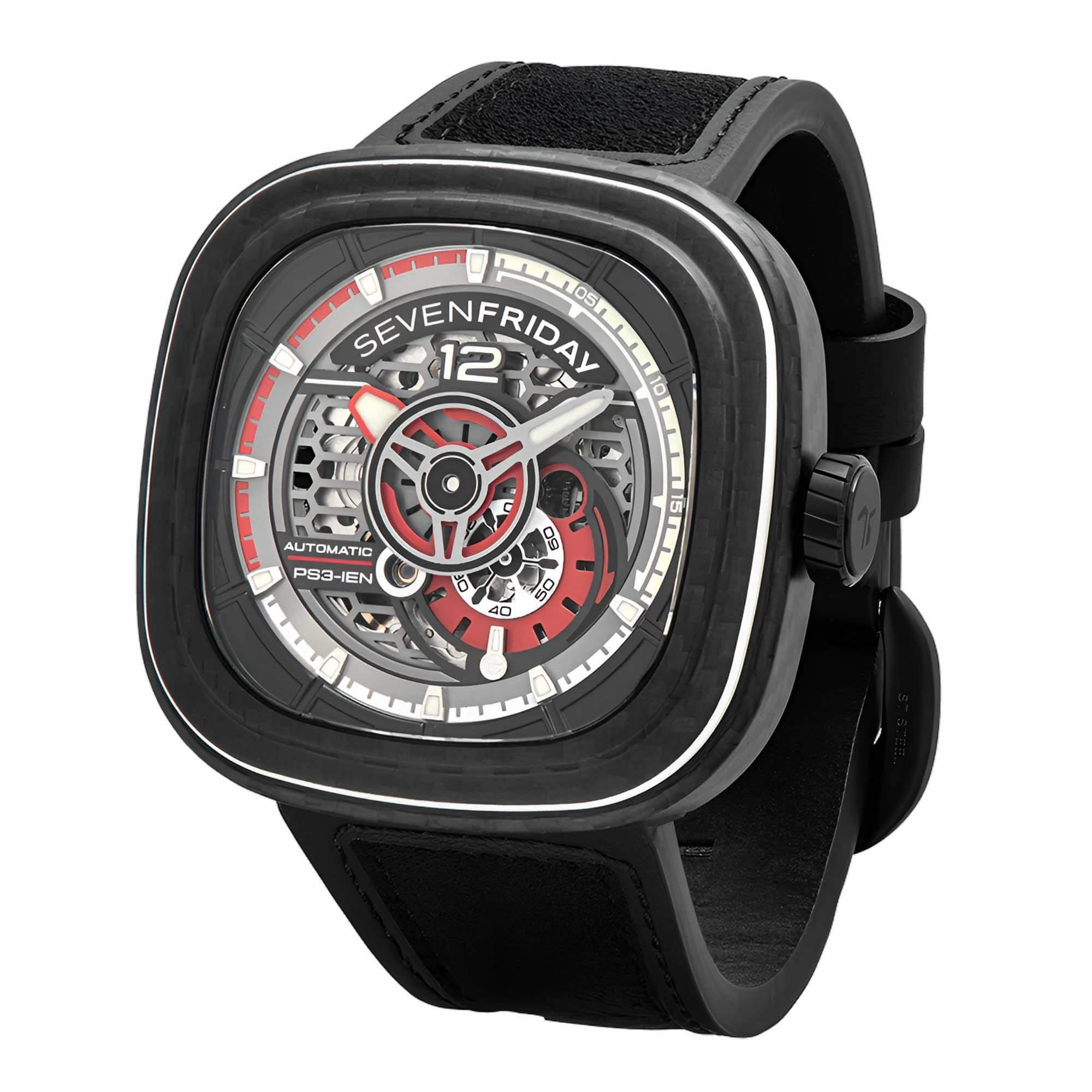 SevenFriday Men's Watch - P-Series Ruby Carbon Black Strap Power Reserve | PS3-02