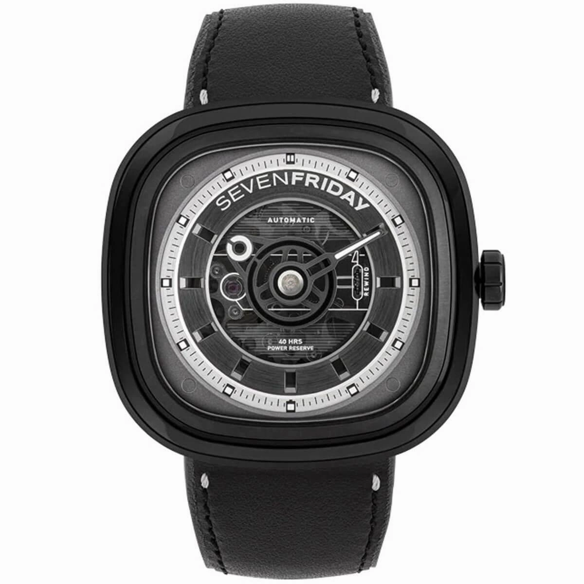 SevenFriday Men's Watch - T Series T BLACK Power Reserve Leather Strap | T1-04