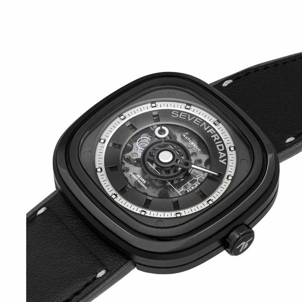 SevenFriday Men's Watch - T Series T BLACK Power Reserve Leather Strap | T1-04