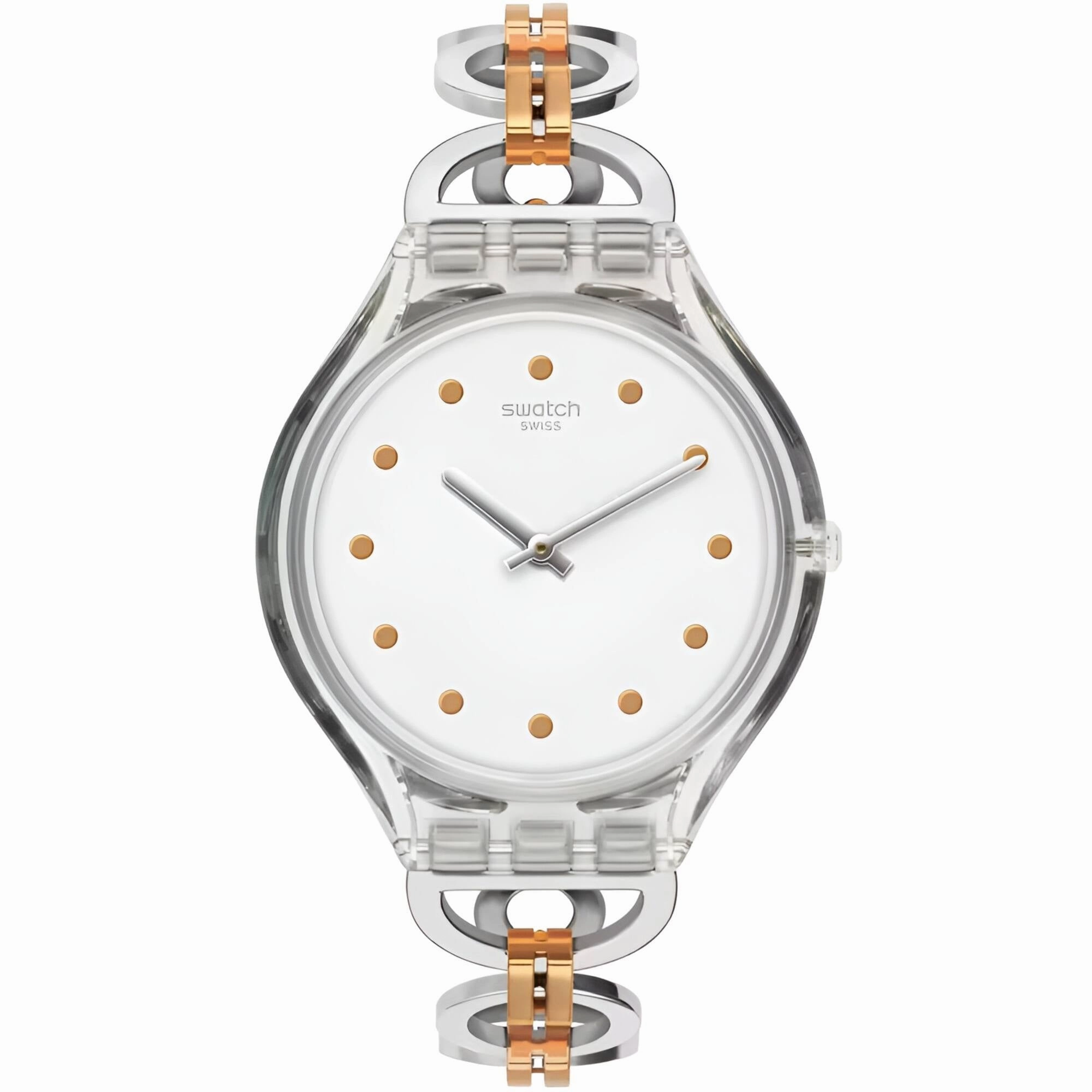 Swatch Women's Watch - Skin Skinring Quartz White Dial Two Tone Bracelet | SVOK102G
