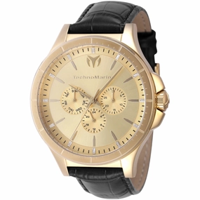 Technomarine Men's Watch - MoonSun Gold Dial Black Leather Strap Day-Date | TM-822031