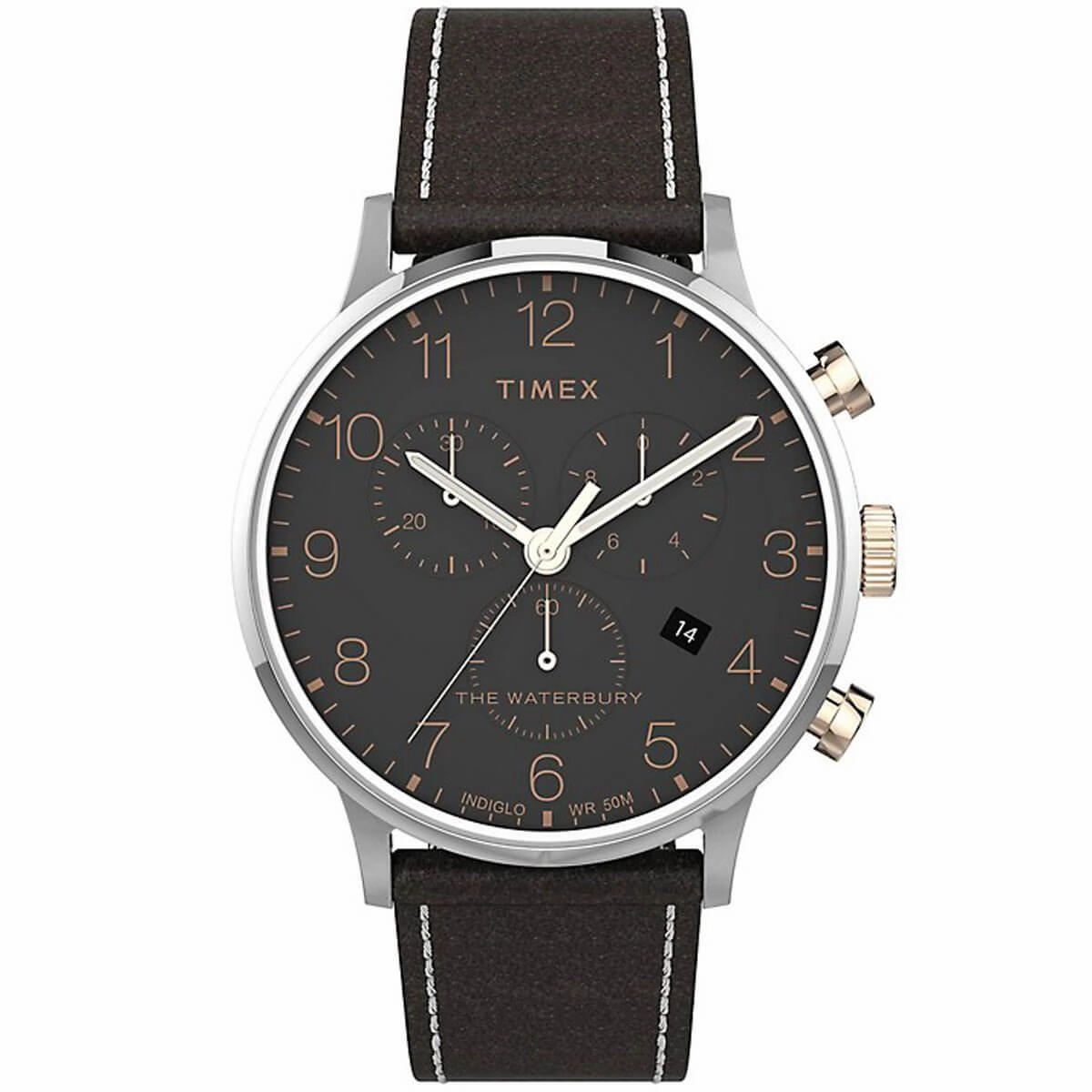 Timex Men's Chronograph Watch - Waterbury Black Dial Leather Strap | TW2T71500VQ