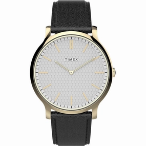 Timex Men's Watch - Gallery Quartz Silver Tone Dial Black Leather Strap | TW2V28400