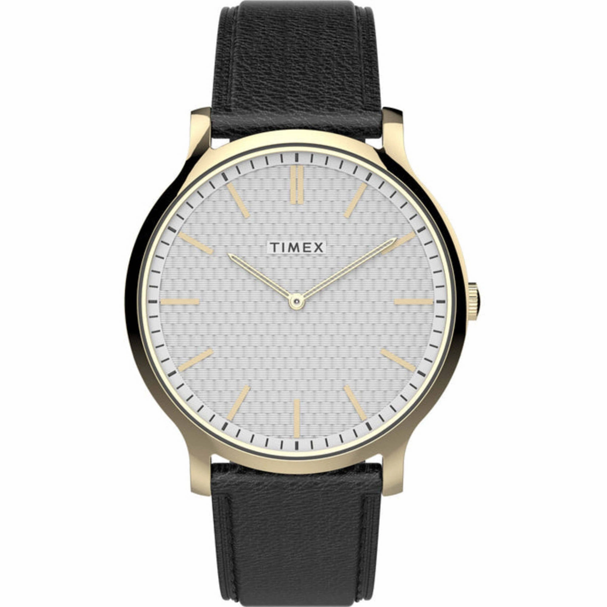 Timex Men's Watch - Gallery Quartz Silver Tone Dial Black Leather Strap | TW2V28400