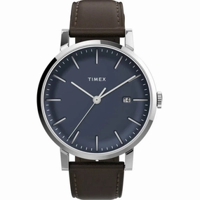 Timex Men's Watch - Midtown Quartz Blue Dial Brown Leather Strap Date | TW2V36500