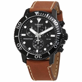Tissot Men's Chronograph Watch - Seastar 1000 Black Case Brown Strap | T1204173605100