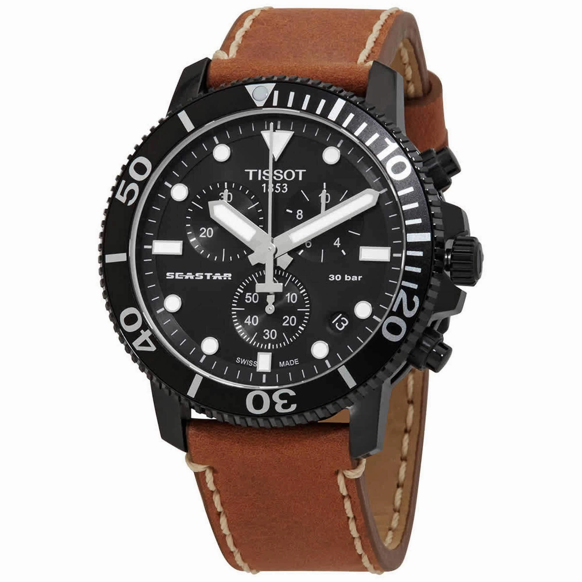 Tissot Men's Chronograph Watch - Seastar 1000 Black Case Brown Strap | T1204173605100