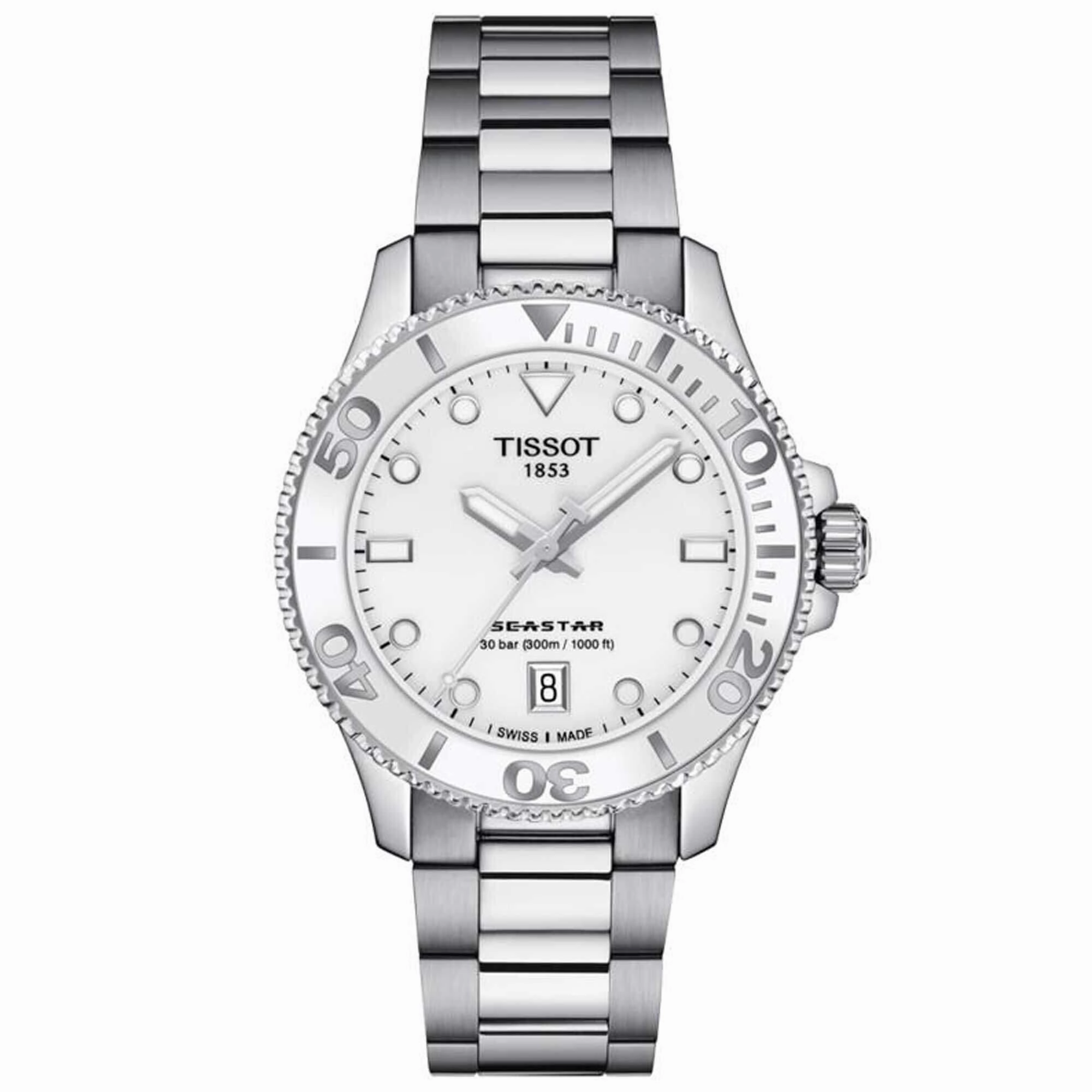 Tissot Unisex Watch - Seastar 1000 Quartz White Dial Grey Bracelet | T1202101101100