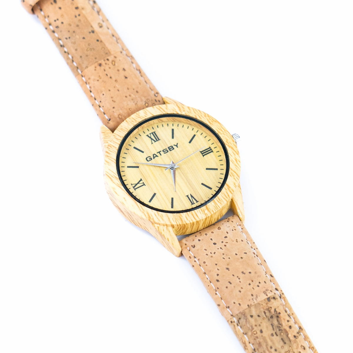 Unisex stylish cork watch with Roman numerals and warm wood grain dial WA-456