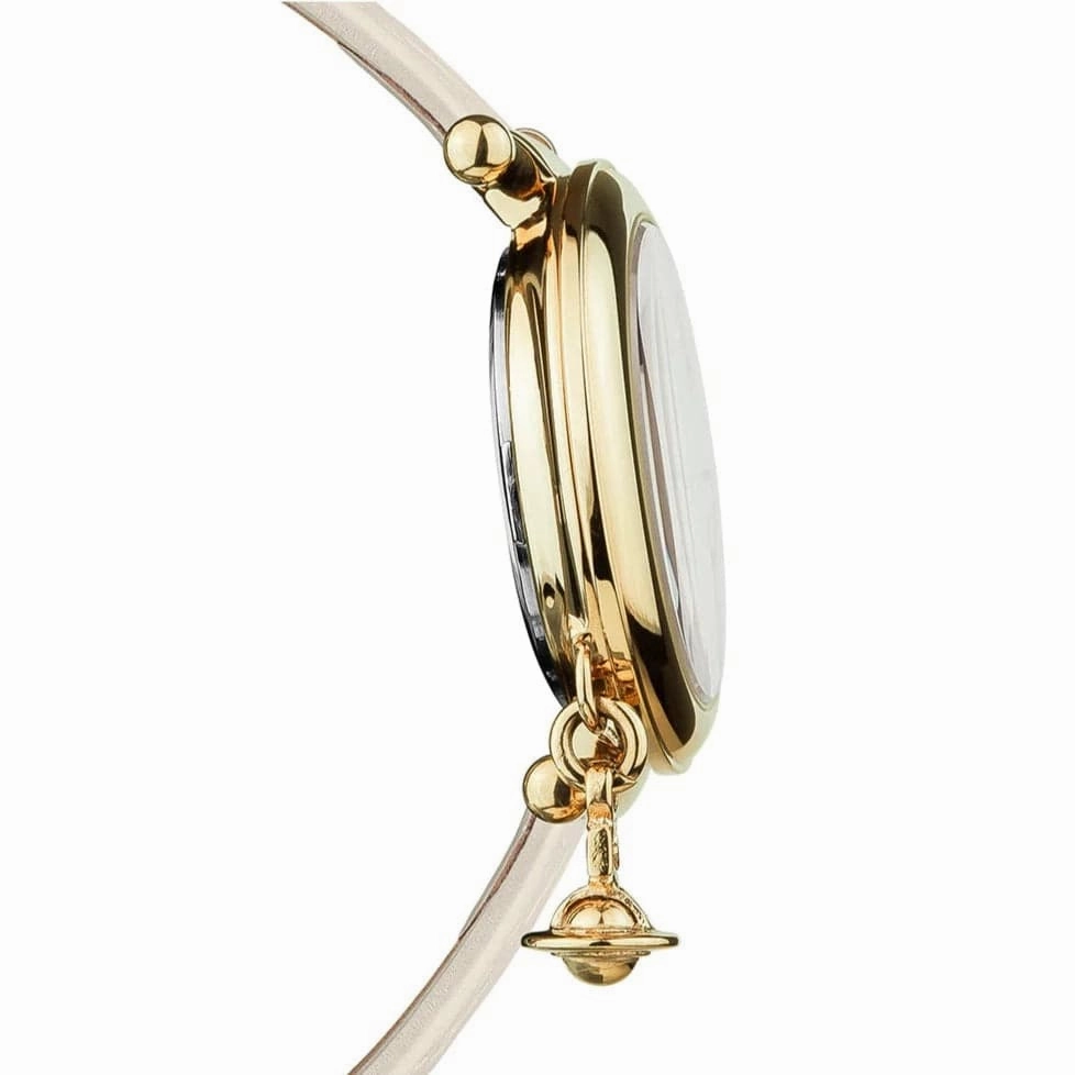 Vivienne Westwood Orb II Watch White Leather Strap Gold Case With Charm