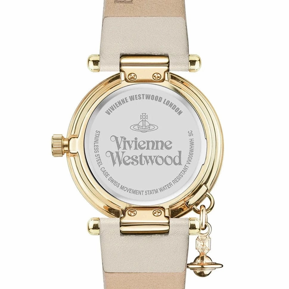 Vivienne Westwood Orb II Watch White Leather Strap Gold Case With Charm