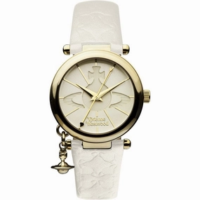 Vivienne Westwood Orb II Watch White Leather Strap Gold Case With Charm