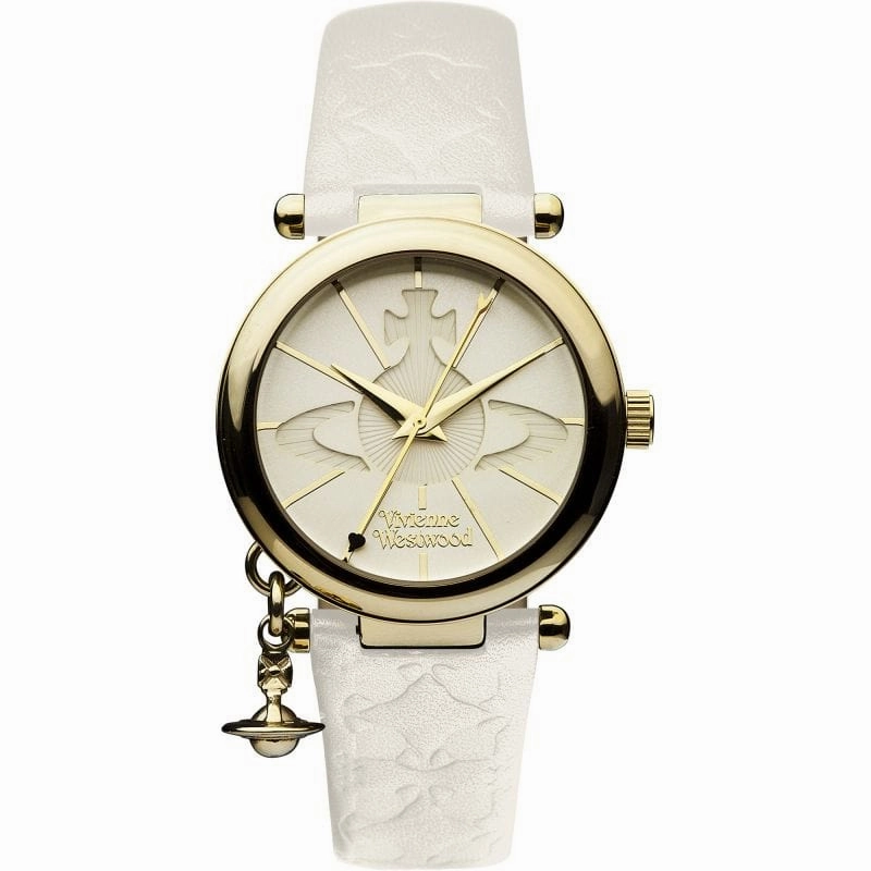 Vivienne Westwood Orb II Watch White Leather Strap Gold Case With Charm