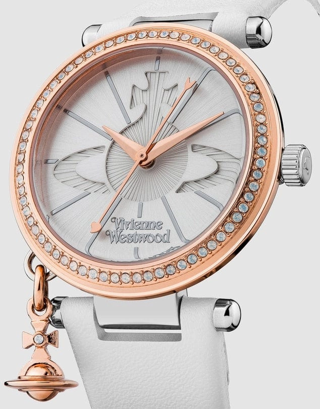 Vivienne Westwood Orb Pastelle Watch White Leather Strap Rose Gold Case With Swarovski
