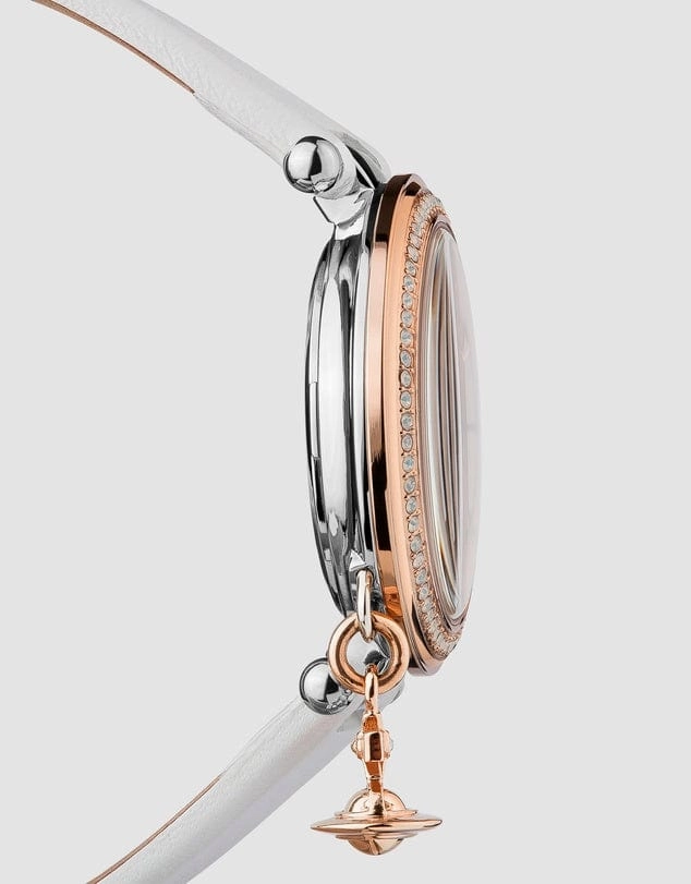 Vivienne Westwood Orb Pastelle Watch White Leather Strap Rose Gold Case With Swarovski