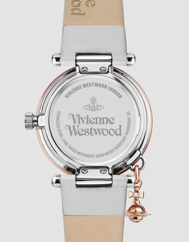 Vivienne Westwood Orb Pastelle Watch White Leather Strap Rose Gold Case With Swarovski