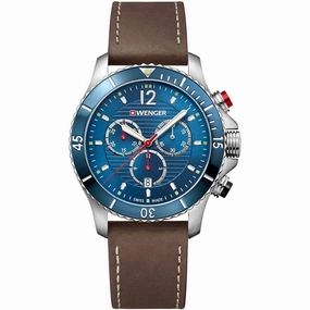 Wenger Men's Chronograph Watch - Seaforce Blue Dial Brown Leather Strap | 01.0643.116